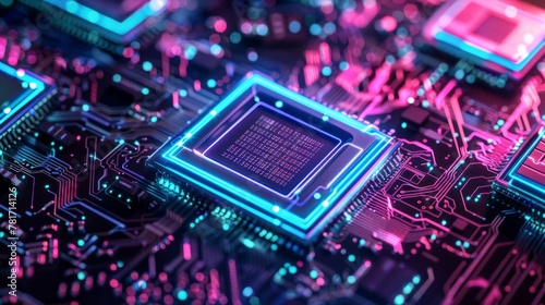 image of computer microchip with blue and violet neon lights. generative ai