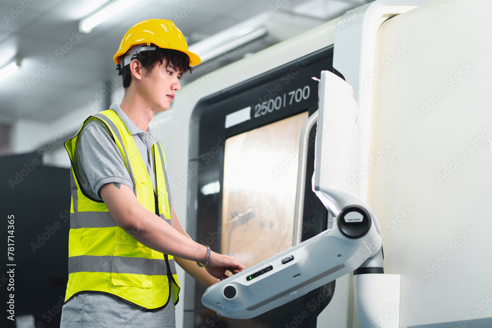 Professional Male engineering or technician work on PLC Control panel CNC machine to control the efficiency of robotic machinery. Expertise repairman maintenance, programming, and improving equipment Professional Male engineering or technician work on PLC Control panel CNC machine to control the efficiency of robotic machinery. Expertise repairman maintenance, programming, and improving equipment