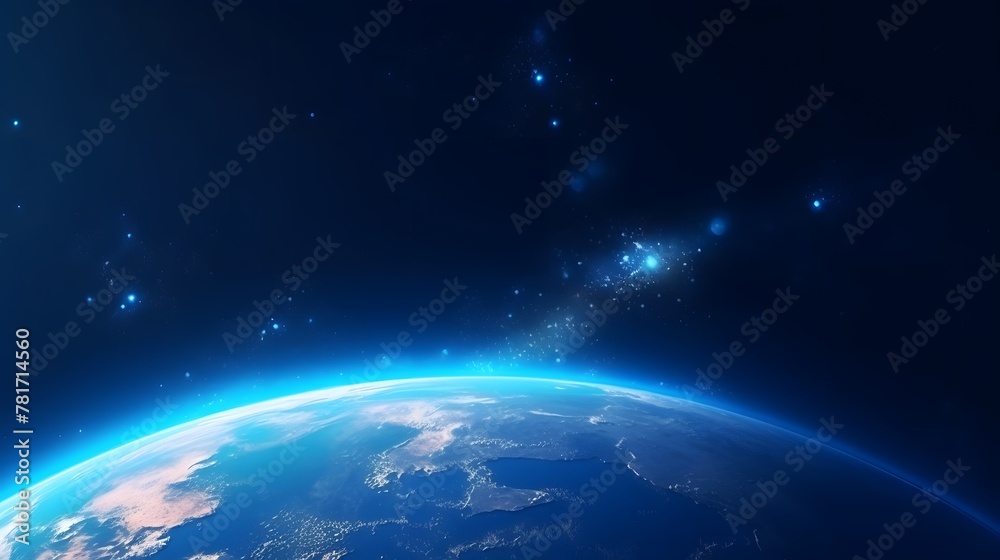 A blue space background with the earth behind, dark blue, luminous scenes, . For Design, Background, Cover, Poster, Banner, PPT, KV design, Wallpaper