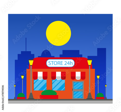 Vector e ilustración de almacén 24 horas en la ciudad durante el día con estilo caricatura. Para comercios, web e impresión.
