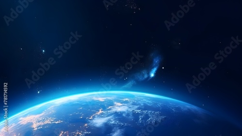 A blue space background with the earth behind  dark blue  luminous scenes  . For Design  Background  Cover  Poster  Banner  PPT  KV design  Wallpaper