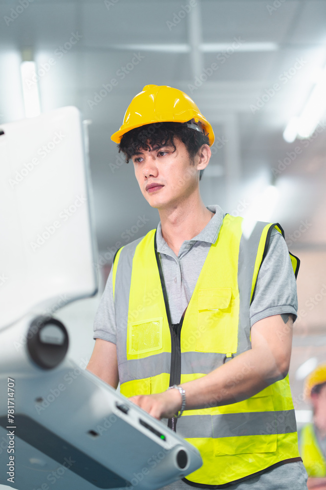 Professional Male engineering or technician work on PLC Control panel CNC machine to control the efficiency of robotic machinery. Expertise repairman maintenance, programming, and improving equipment Professional Male engineering or technician work on PLC Control panel CNC machine to control the efficiency of robotic machinery. Expertise repairman maintenance, programming, and improving equipment