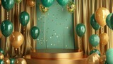 interior render with gold, green, glass sequins balloons, podium and curtains on background.