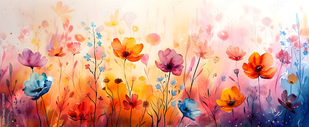 The image is an abstract and colorful painting of a spring flower meadow, providing a vibrant and cheerful atmosphere. It can be used as a decorative and artistic background for various purposes.