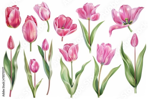 pink tulip flower bouquet set isolated on white floral design elements collection