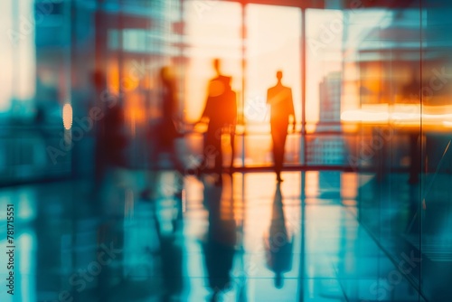 blurred silhouettes of business people collaborating in modern glass office corporate teamwork and communication abstract photography