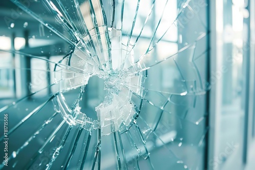 broken glass shattered in office closeup view of damaged window pane vandalism or accident concept photo