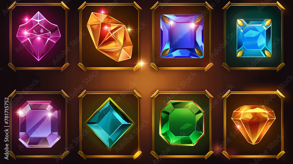 Gem set icons on dark background isolation, Illustration Gem set icons on dark background isolation, Illustration