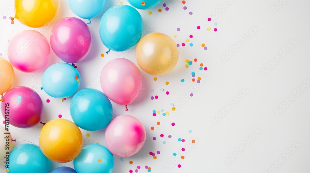 colorful party balloons on white background. Festive party and Happy birthday decoration with copy space.