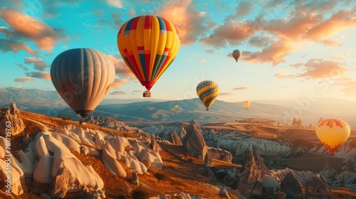 Colorful hot-air balloons flying over the mountain