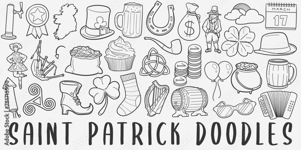 Saint Patrick doodle icon set. Ireland Holidays Vector illustration collection. Banner Hand drawn Line art style.
