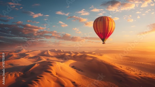Desert and hot air balloon Landscape at Sunrise. Travel, inspiration, success, dream, flight concept © chanidapa