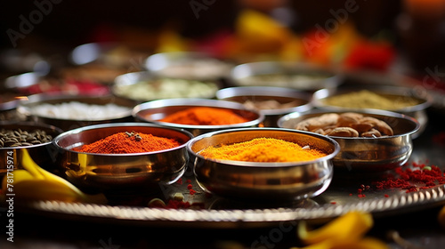 wide photo of detailed traditional Indian silver color spice powder containers with beautiful crafts