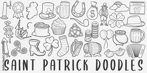 Saint Patrick doodle icon set. Ireland Holidays Vector illustration collection. Banner Hand drawn Line art style.