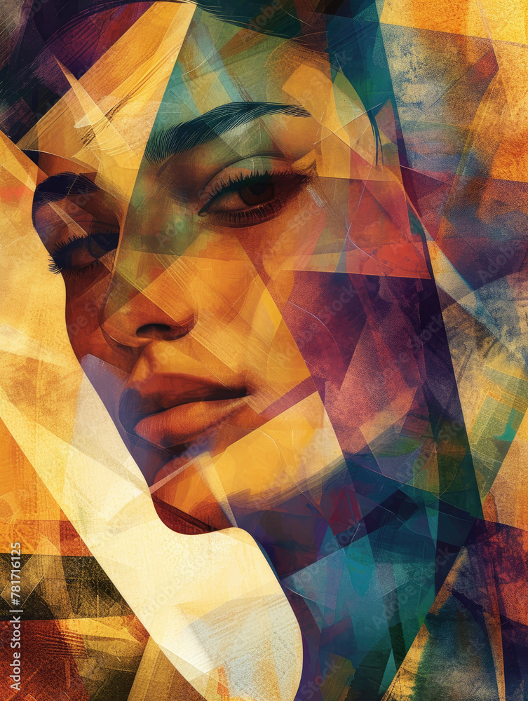 Vibrant Abstract Woman Illustration Geometric Shapes, Movement, and Dreamy Atmosphere