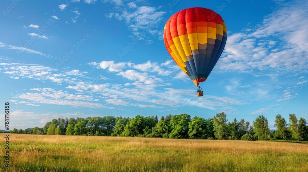 Obraz premium Hot air balloon over the field with blue sky