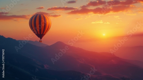 Hot air balloon above high mountain at sunset, filtered background © chanidapa