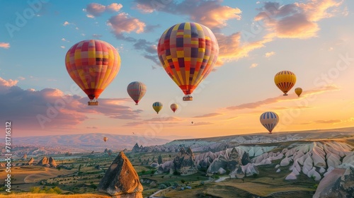 Landscape of fabulous . Colorful flying air balloons in sky at sunrise in Anatolia. photo