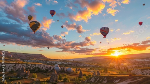 Landscape of fabulous . Colorful flying air balloons in sky at sunrise in Anatolia. photo