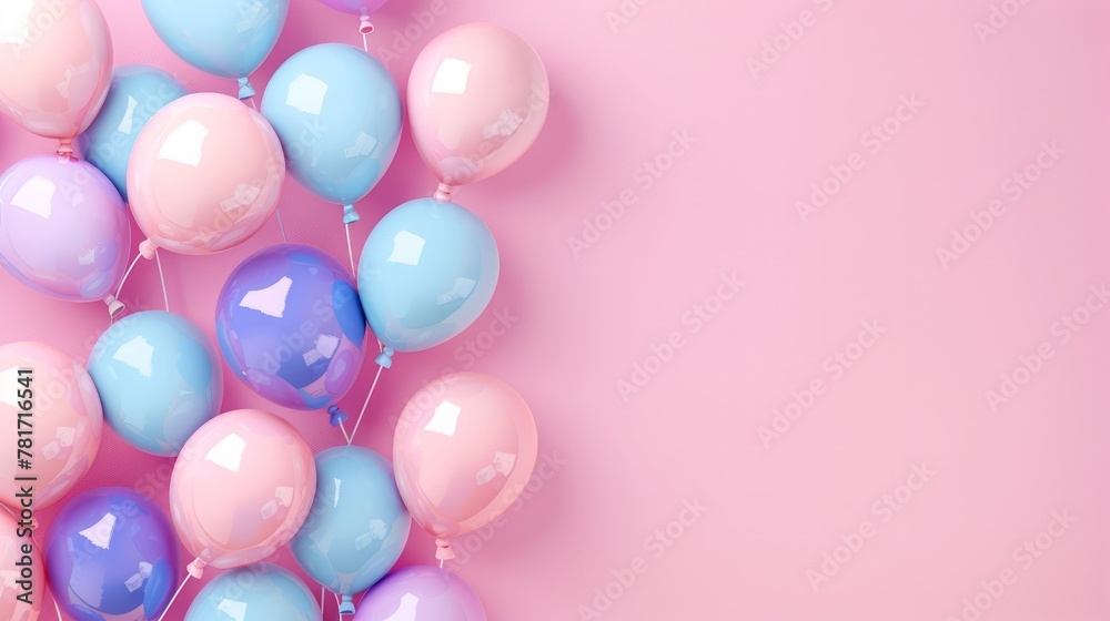 Pastel balloons on pink background. rendering, Birthday celebration party background.
