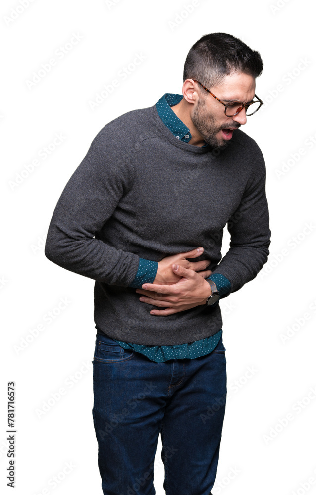 Young handsome man wearing glasses over isolated background with hand on stomach because indigestion, painful illness feeling unwell. Ache concept. Young handsome man wearing glasses over isolated background with hand on stomach because indigestion, painful illness feeling unwell. Ache concept.