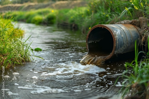 industrial wastewater discharge pipe polluting a river causing environmental damage and water contamination ecological disaster concept