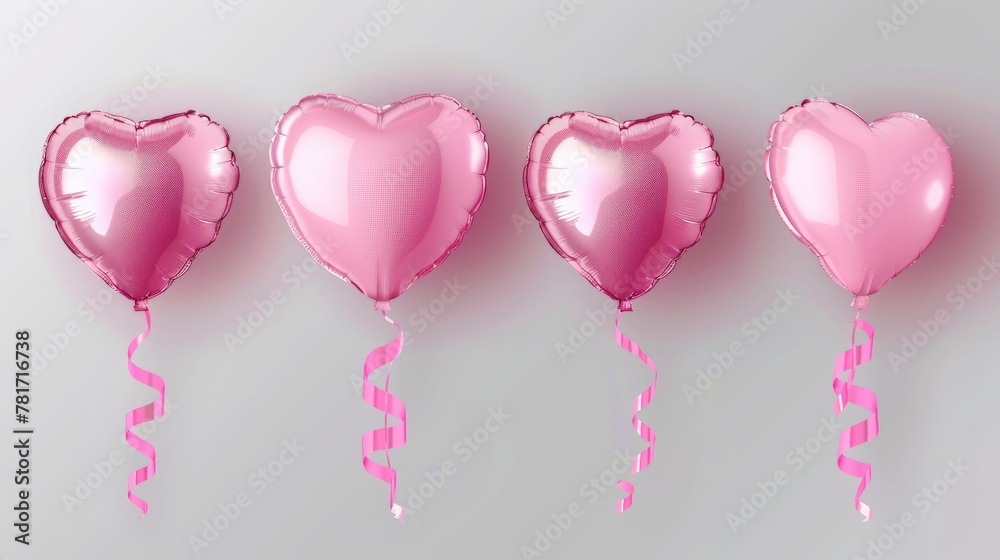 Set of four glossy pink realistic heart ballons, from different sides and pink, white ribbons.