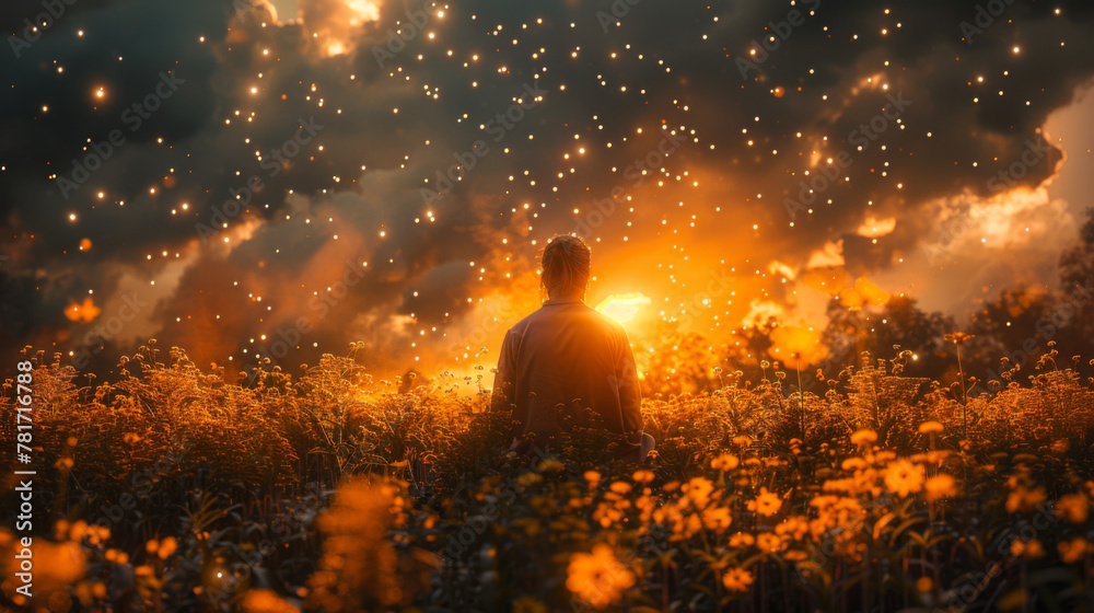 Farmer kneeling by crops.