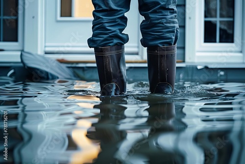 man standing in a flooded house wearing rubber boots natural disaster and resilience concept photo