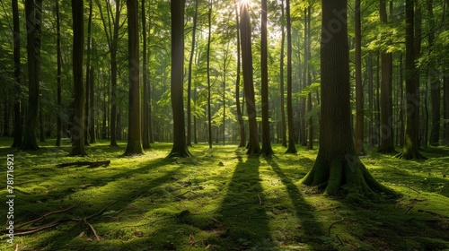 A dense woodland covered with abundant foliage and moss