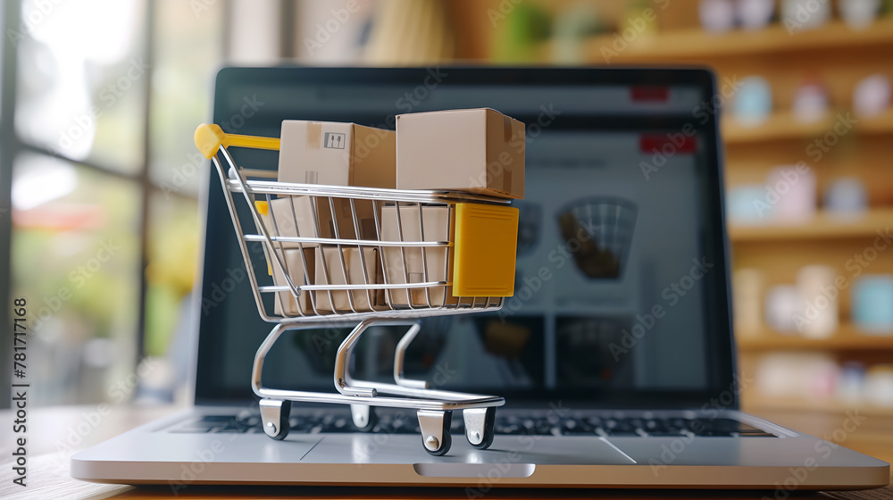 Online shopping concept with cart full of boxes on top of laptop computer, online payment, digital shopping, purchasing products
