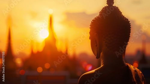 Vesak day concept: Silhouette Buddha with blurred travel tourist attraction in Thailand - Asia on golden temple sunset background photo