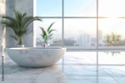 serene white marble bathroom countertop with copy space blurred window background luxury spa interior 3d illustration