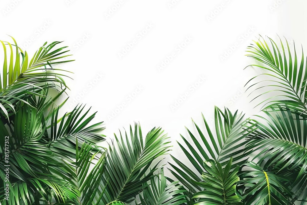 tropical palm leaves border on white background fresh green foliage texture overlay