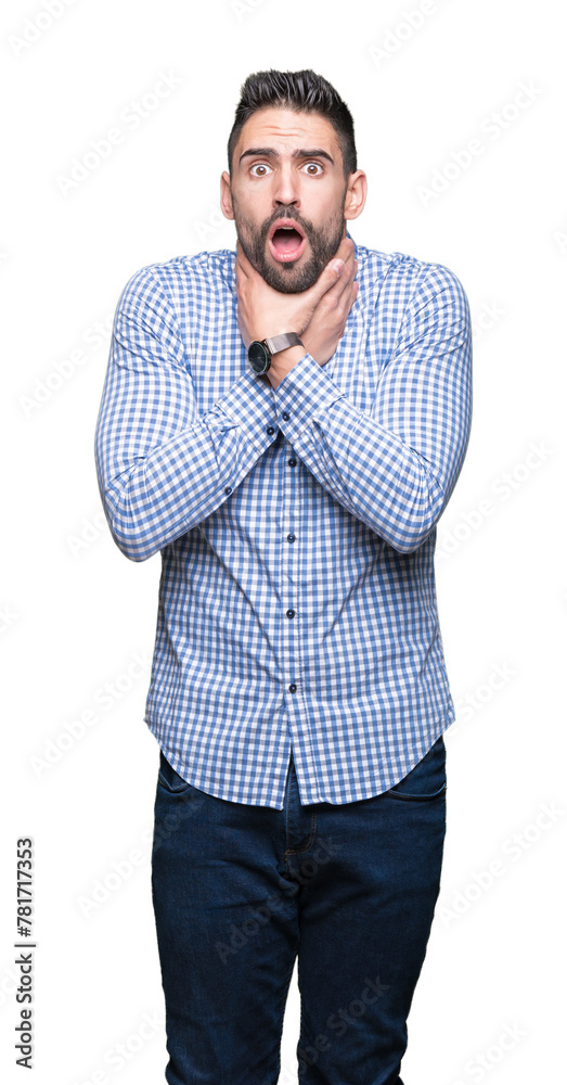 Young handsome man over isolated background shouting and suffocate because painful strangle. Health problem. Asphyxiate and suicide concept. Young handsome man over isolated background shouting and suffocate because painful strangle. Health problem. Asphyxiate and suicide concept.