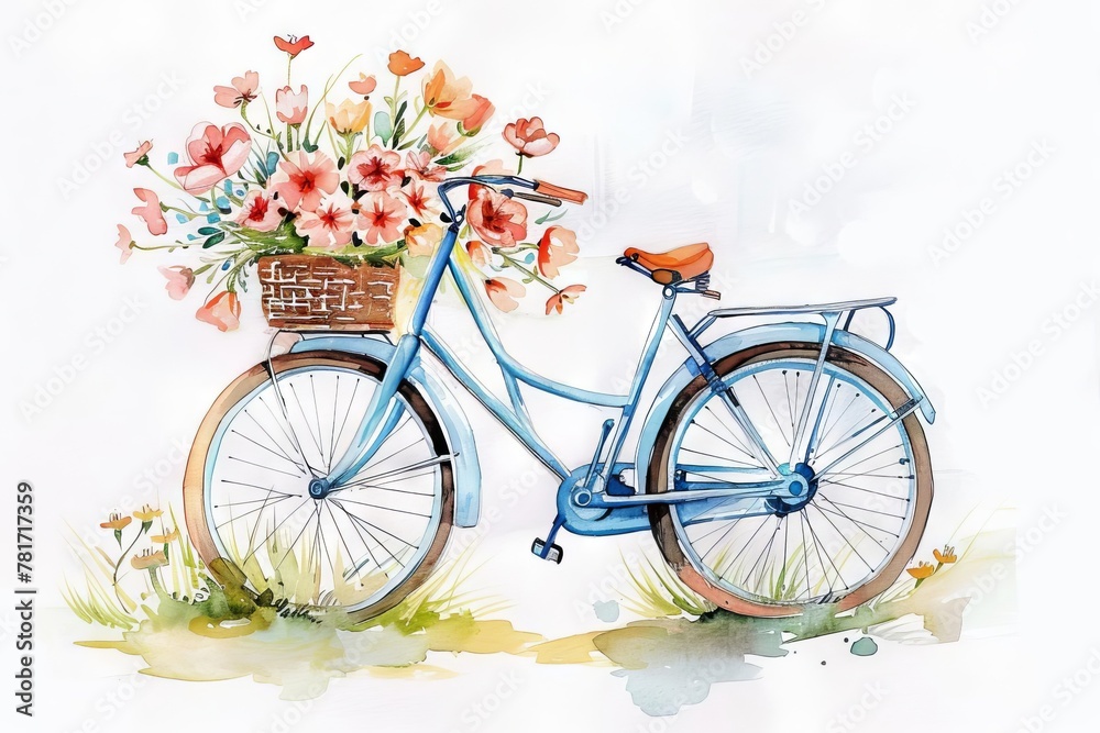 watercolor painting of a womans bicycle with a basket full of colorful flowers whimsical illustration