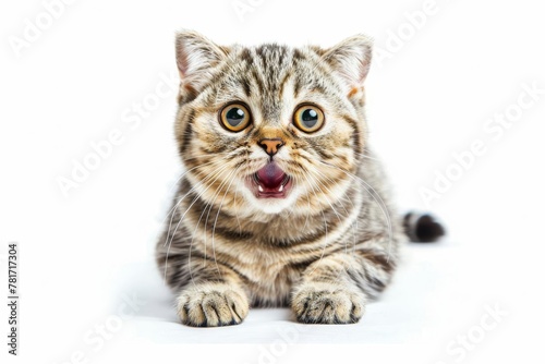 surprised cat with wide eyes and open mouth funny feline expression isolated on white background pet photography