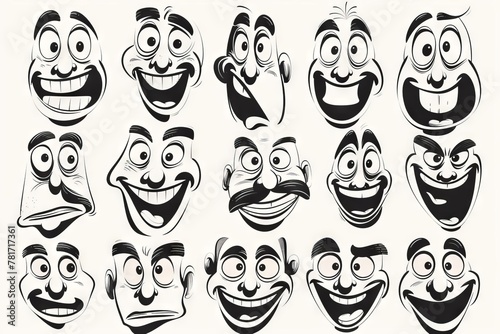 vintage cartoon character face illustrations retro 50s animation style black and white expressive mascots digital drawing set