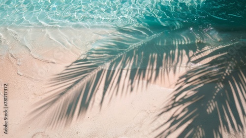 Shadow of palm leaves on white sand beach generative ai