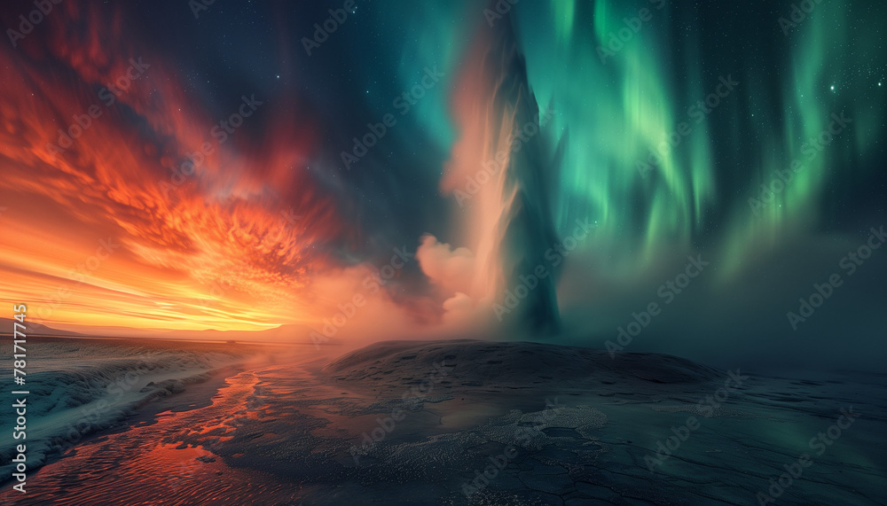 A geyser erupts powerfully in Iceland, with steam and hot water surging towards a sky illuminated by the ethereal colors of the Aurora Borealis, set against a frosted ground