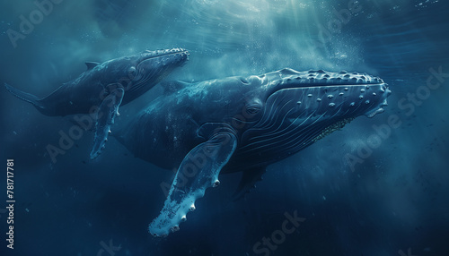 Two humpback whales glide gracefully underwater, illuminated by the streaming light in the ocean's depths