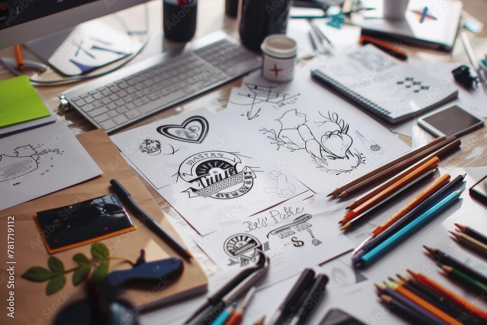 Designer desk, A desktop with sketches of logo ideas lying around, Generative AI Designer desk, A desktop with sketches of logo ideas lying around, Generative AI