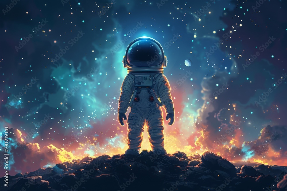 Obraz premium A cute astronaut standing on the moon with beautiful galaxy background, Generative AI