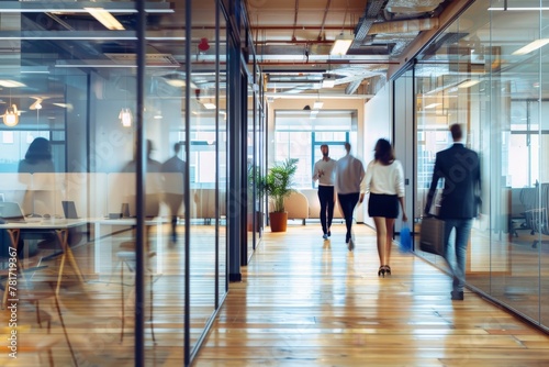 Business workplace with people in walking in blurred motion in modern office space, Generative AI