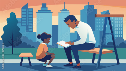 In a playground surrounded by tall buildings a volunteer sits on a bench with a young child helping them solve a math problem on a worksheet.