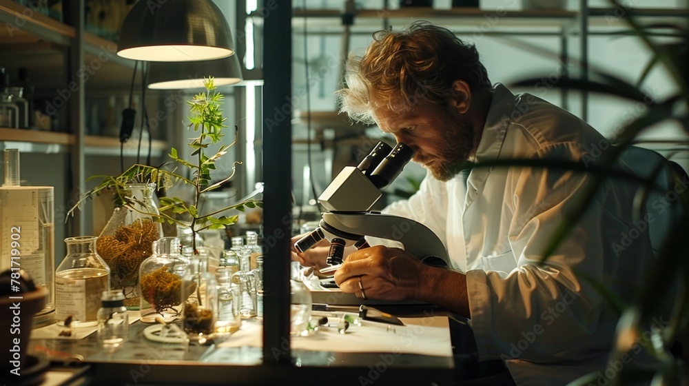 In a quiet laboratory a lone botanist sits surrounded by vials tubes and slides studying the hidden world of a tiny plant specimen using the microscope to unlock its secrets. . In a quiet laboratory a lone botanist sits surrounded by vials tubes and slides studying the hidden world of a tiny plant specimen using the microscope to unlock its secrets. .