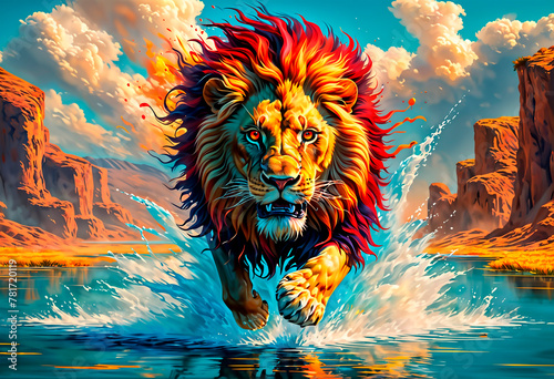 A beautiful red-eyed lion leaping into a savanna lake in an explosion of color and beauty. Generated by AI.