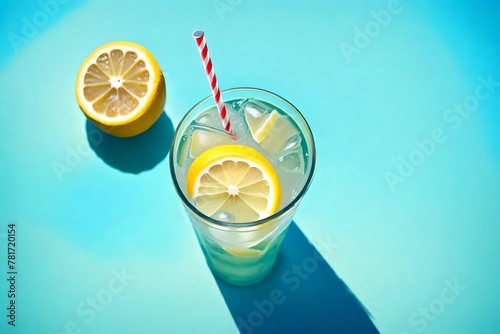 : Indulge in the Refreshing Allure of a Top-View Lemonade Glass, Set Against a Radiant Sky Blue Backdrop, Evoking the Bliss of a Sun-Kissed Summer Day. Every Luscious Detail Immortalized Through the L