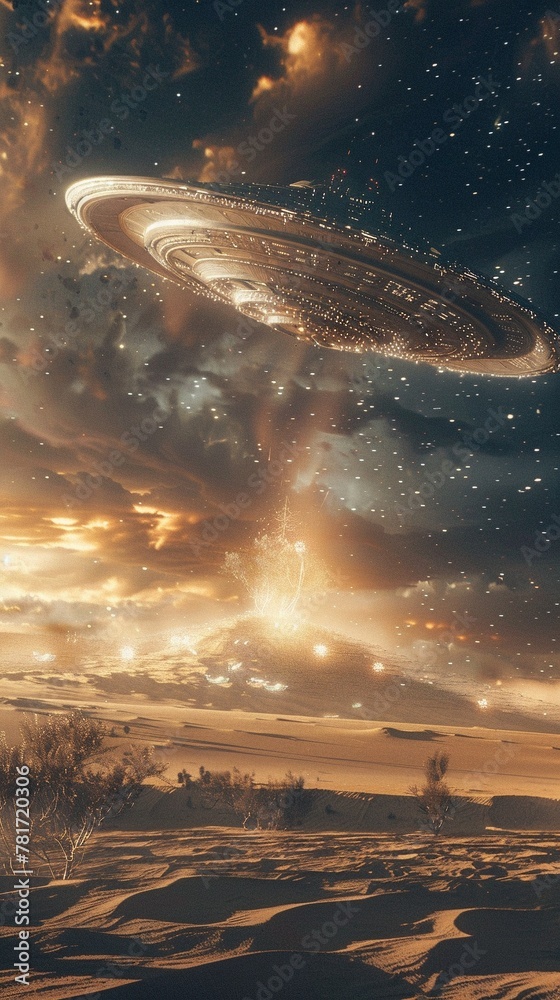 A UFO has been attacked and landed on desert A UFO has been attacked and landed on desert