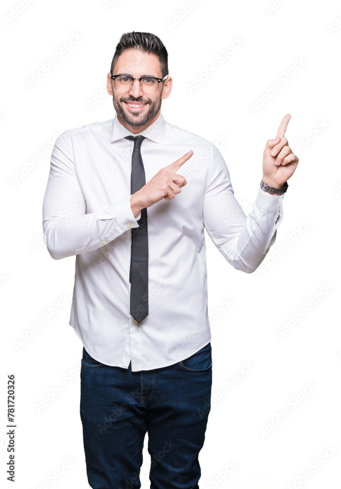 Young handsome business man wearing glasses over isolated background smiling and looking at the camera pointing with two hands and fingers to the side. Young handsome business man wearing glasses over isolated background smiling and looking at the camera pointing with two hands and fingers to the side.